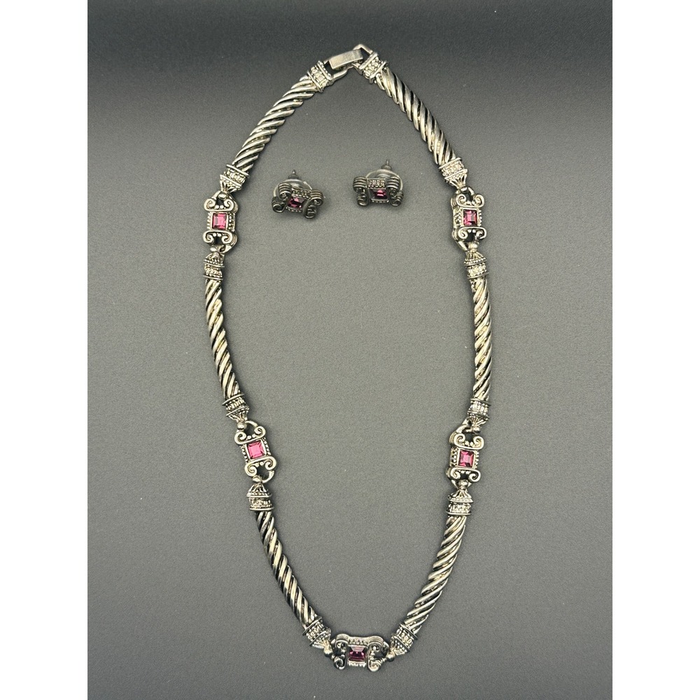 Cable Chain Necklace Stud Earrings Set Silver Tone Pink-Purple Stone Victorian